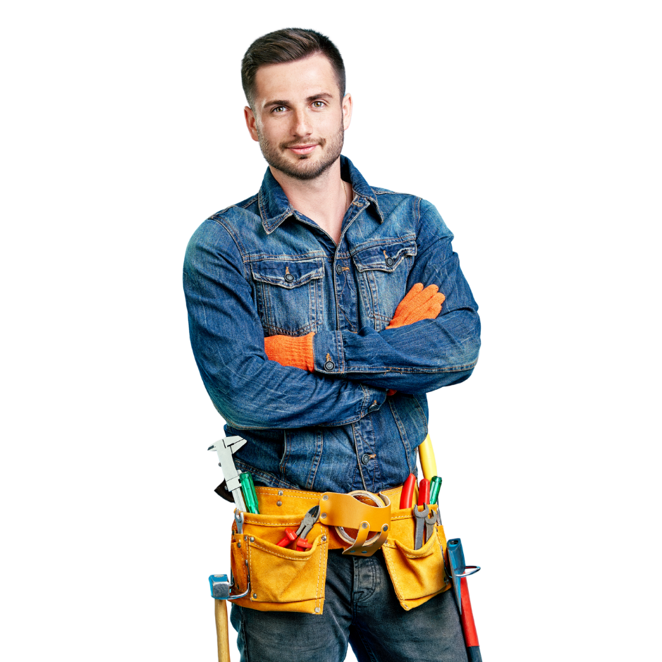 Handwerker mit Jeanshemd, Handschuhen und Werkzeuggürtel, die Arme verschränkt vor schwarzem Hintergrund