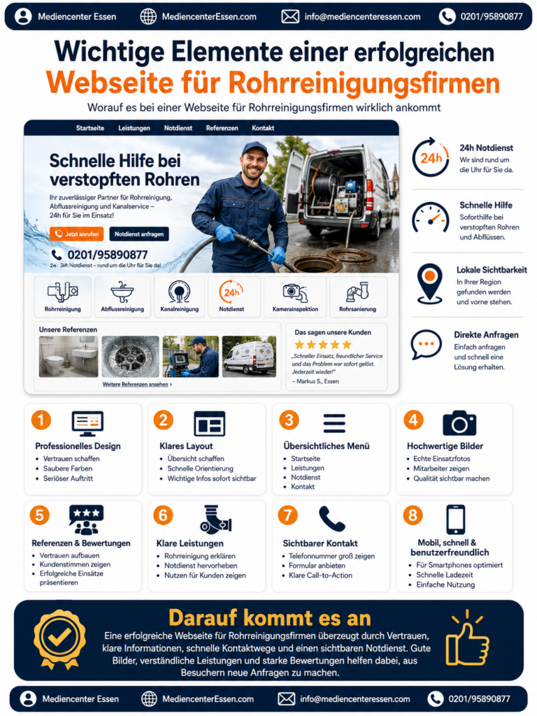 Infografik zu wichtigen Elementen einer erfolgreichen Website für Rohrreinigungsfirmen mit Website-Beispiel und Tippshots