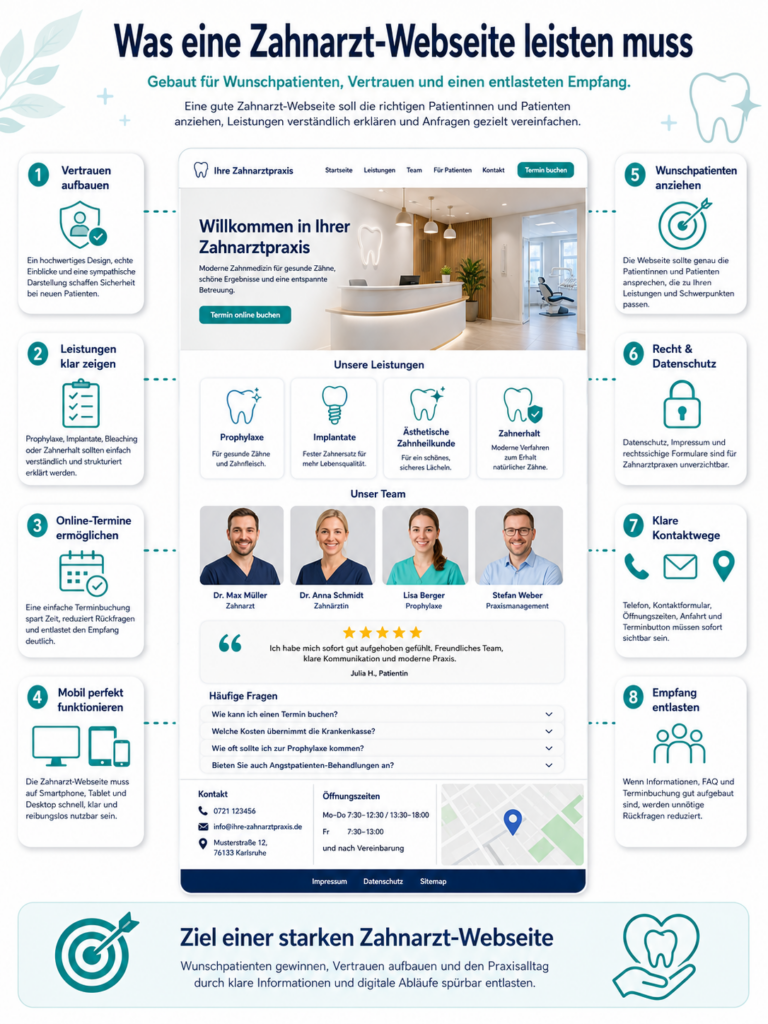 Infografik einer Zahnarzt-Webseite mit acht Funktionen, Praxis-Layout, Team, Leistungen und Kontaktbereich