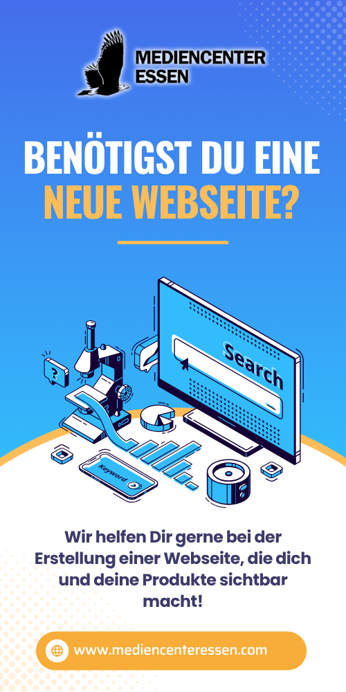 Werbeplakat von Mediencenter Essen: Neue Website gesucht, mit Suchbildschirm und Webdesign-Illustration