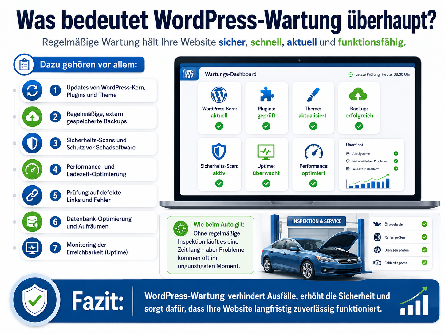Infografik zu WordPress-Wartung mit Checkliste, Dashboard und Fazit zur Sicherheit und Zuverlässigkeit der Website