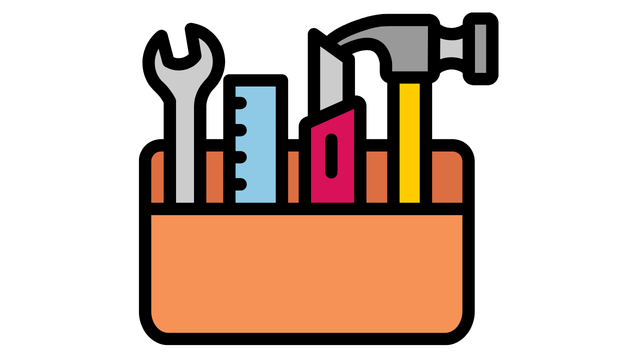Werkzeugkasten-Symbol mit Schraubenschlüssel, Säge und Hammer in einer orangefarbenen Box