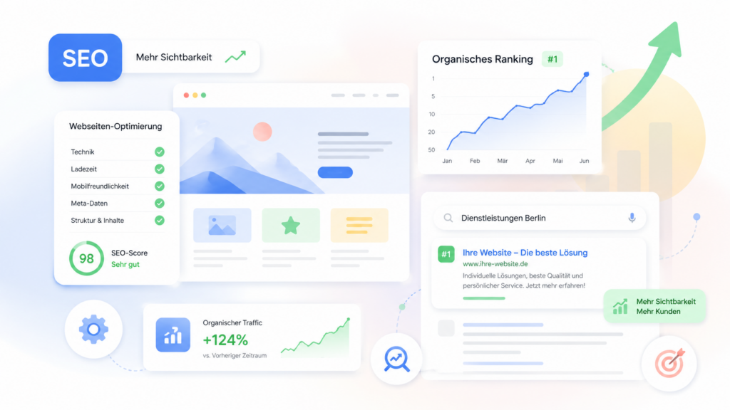 SEO-Dashboard mit Rankings, Checklist, Suchergebnis und steigenden Wachstumsdiagrammen