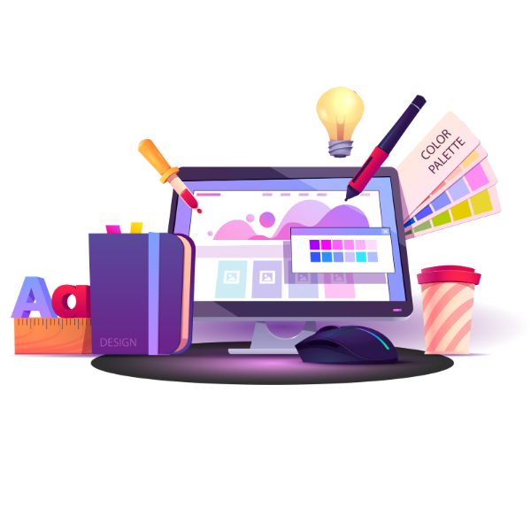 Illustration eines Design-Arbeitsplatzes mit Monitor, Stiften, Farbfächer, Maus und Becher