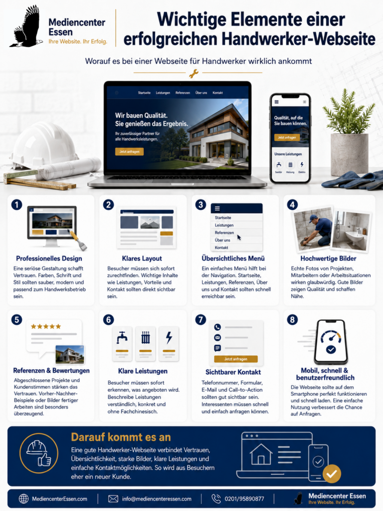 Infografik zu wichtigen Elementen einer erfolgreichen Handwerker-Webseite mit Laptop, Smartphone und acht Tipps