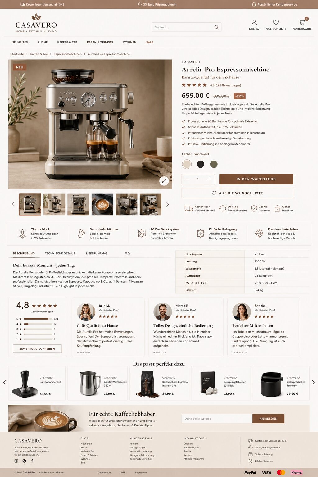 Fiktive optimierte Produktseite für eine Espressomaschine