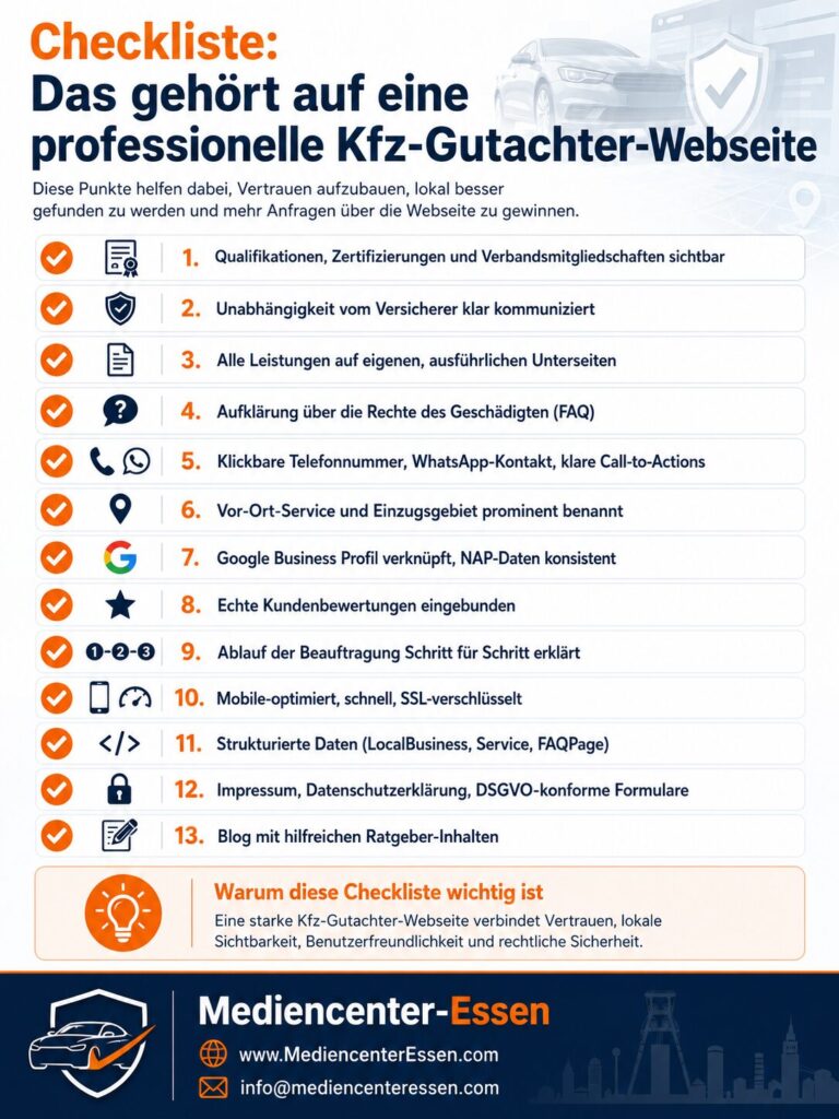 Infografik mit Checkliste für eine professionelle Kfz-Gutachter-Website und 13 Optimierungspunkten; unten Mediacenter-Essen