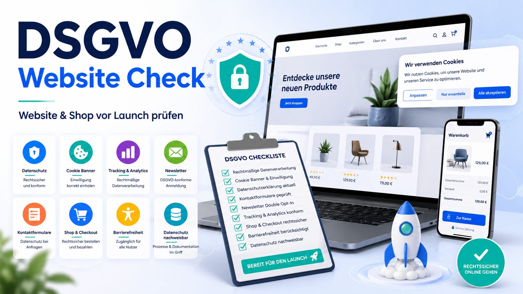 DSGVO Website Check mit Sicherheits-Symbol, Checkliste und E-Commerce-Geräten für einen rechtssicheren Online-Launch