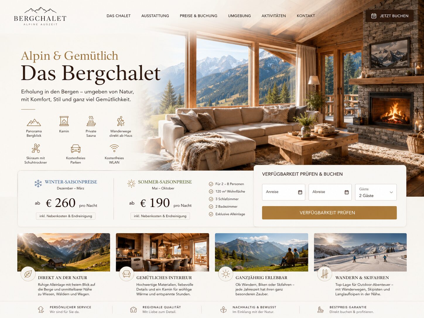 Webdesign Beispiel Ferienhaus Chalet in den Bergen – warmes alpines Design