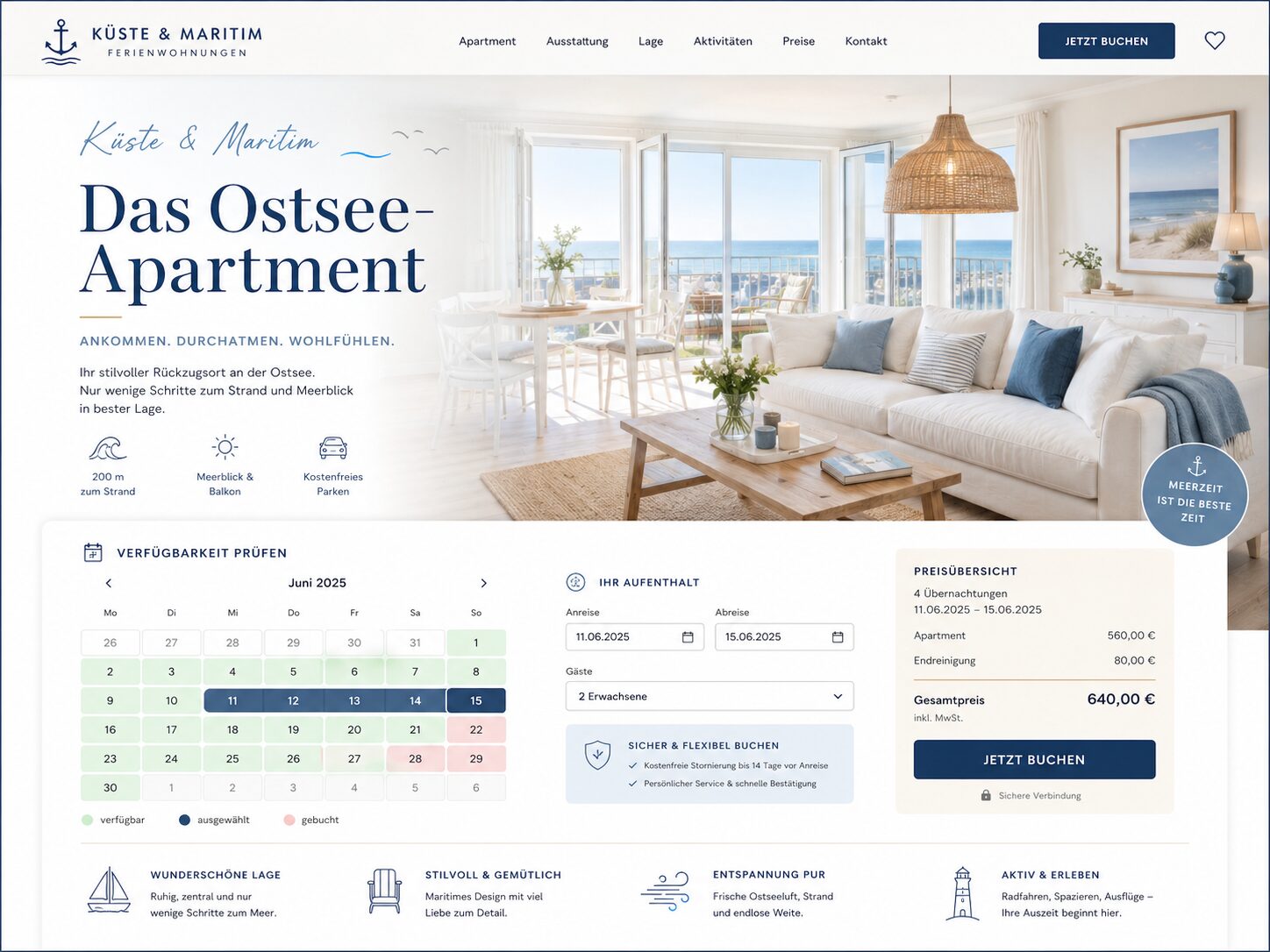 Webdesign Beispiel Ferienwohnung an der Ostsee – helles maritimes Design