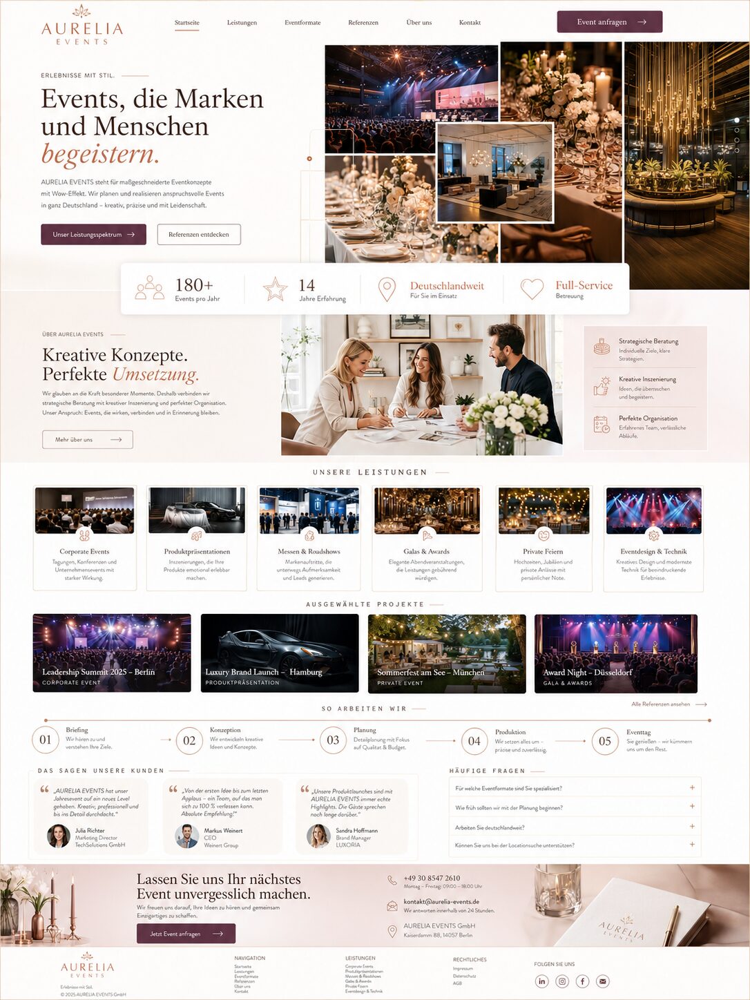 Webdesign-Beispiel: elegante Eventagentur-Website in Beige und Roségold mit stilvoller Typografie