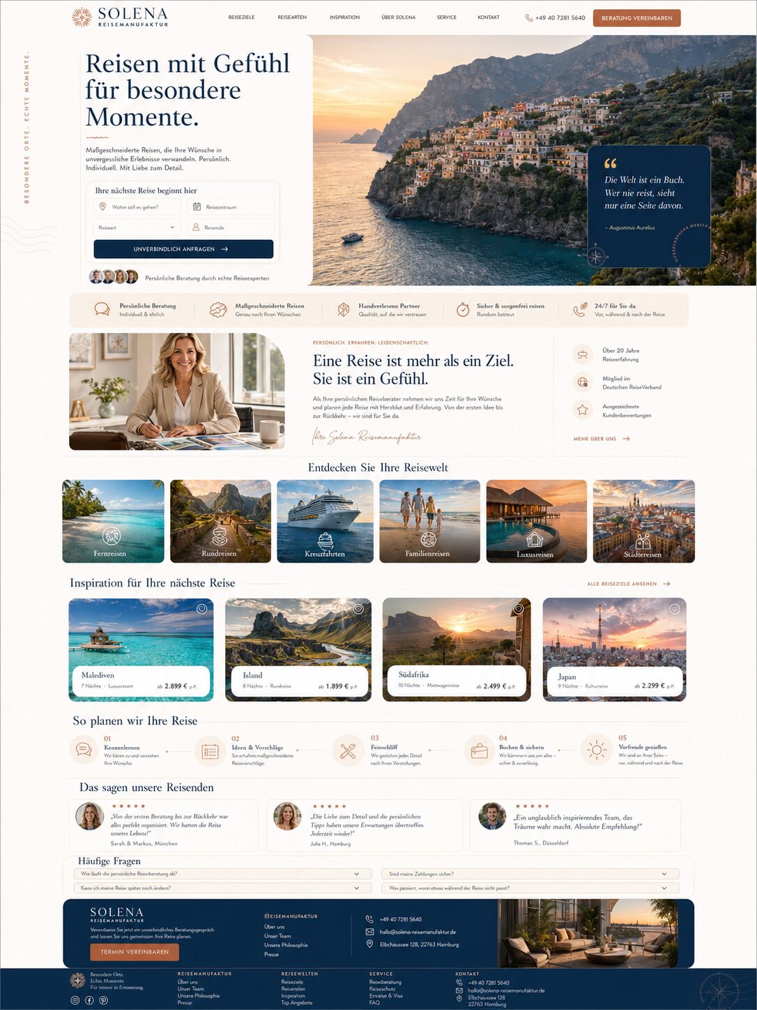 Webdesign-Beispiel: elegante Reiseberatungs-Website mit großflächiger Reisefotografie