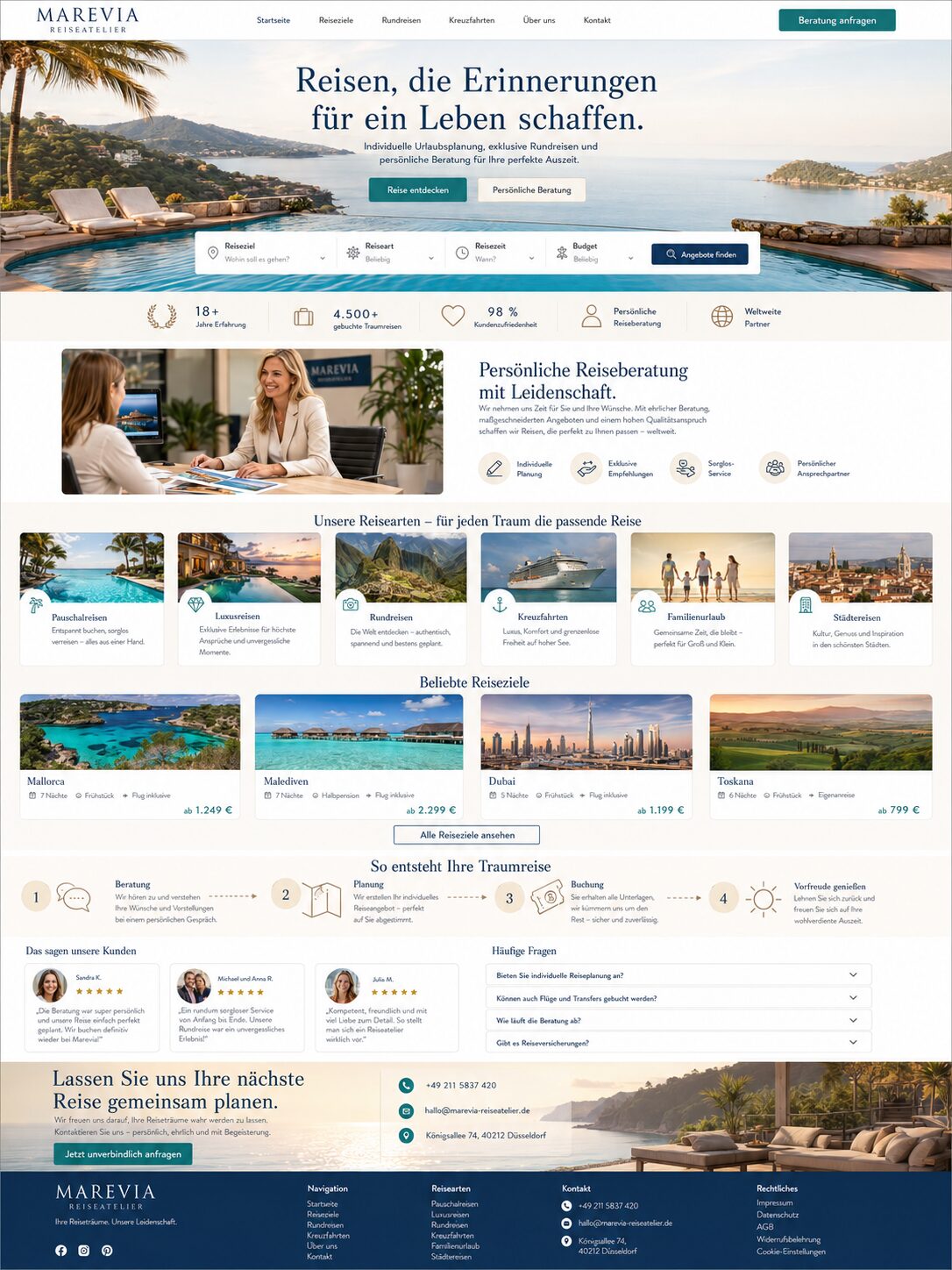 Webdesign-Beispiel: Reiseplanung-Webseite mit Destinationskacheln und persönlicher Beratung