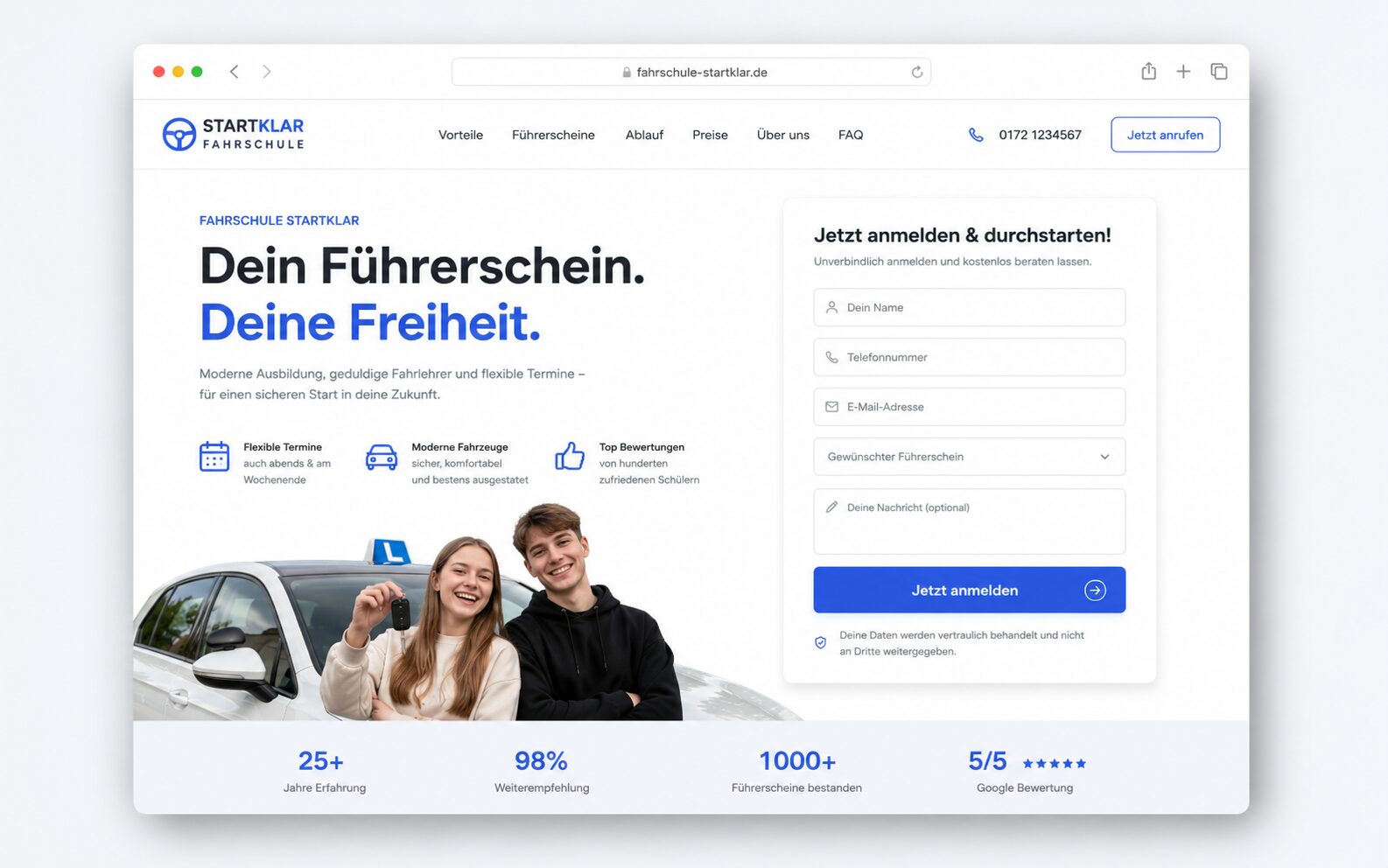 Kompakter OnePager – anmeldestarkes Webdesign-Beispiel für Fahrschulen