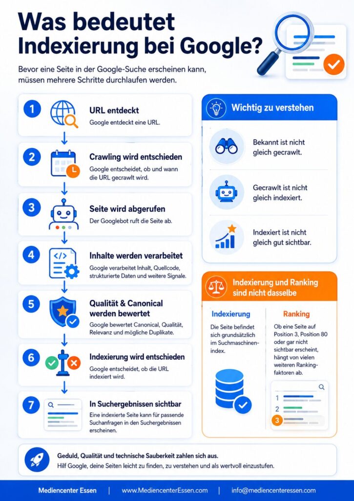 Infografik: So funktioniert die Google-Indexierung in sieben Schritten, mit Hinweisen zu Crawling, Indexierung und Ranking