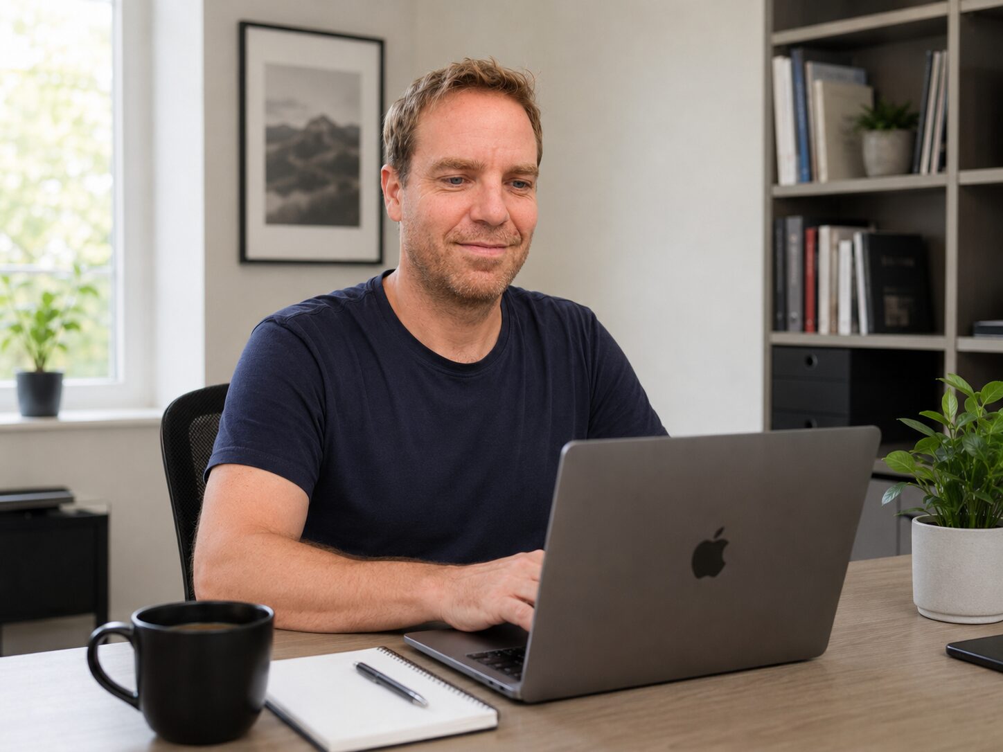 Mann arbeitet am Laptop an einem Schreibtisch im hellen Homeoffice