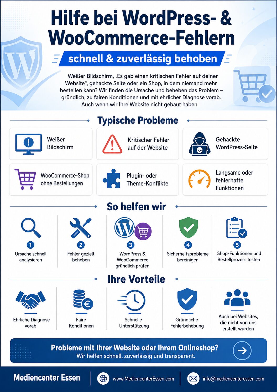 Infografik über Hilfe bei WordPress- und WooCommerce-Problemen