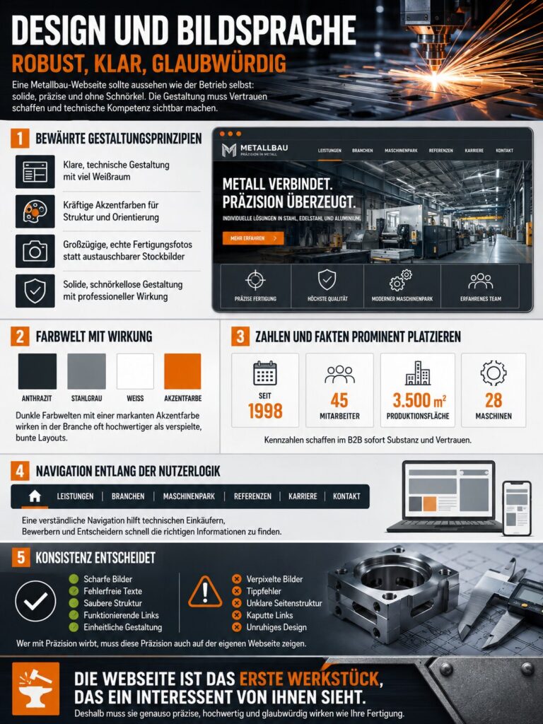 Infografik zu Webdesign für Metallbau mit Farben, Kennzahlen, Navigation und Beispiel-Website vor Industriehintergrund