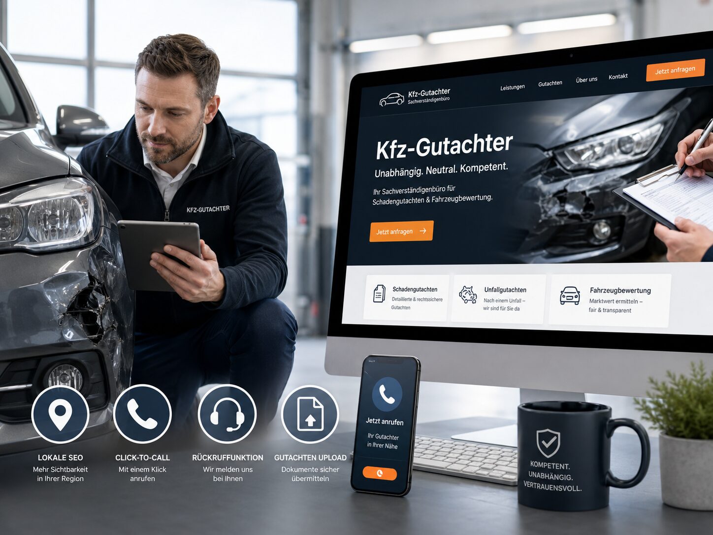 KFZ-Gutachter im Büro und Garage