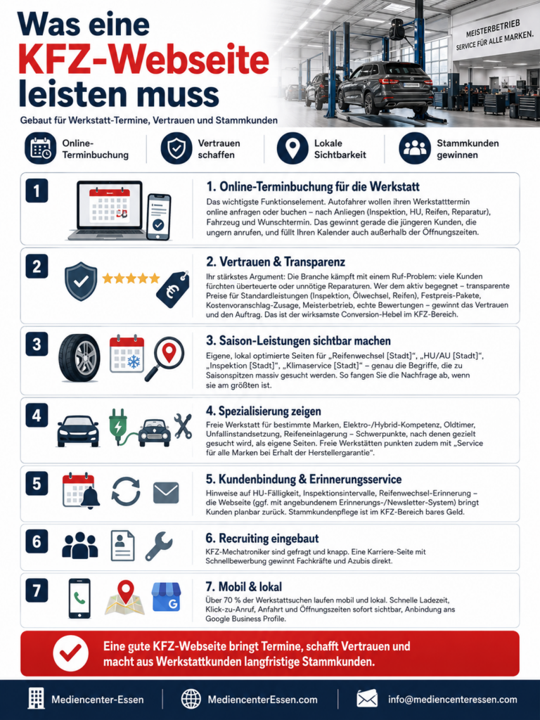 Infografik zur KFZ-Website: Werkstatt-Halle mit Überschrift, sieben Punkten und Icons zu Terminen, Vertrauen und Kundenbindung
