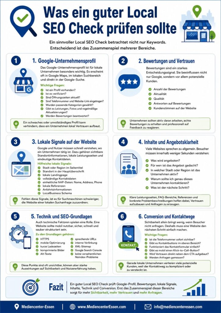 Infografik mit dem Titel Was ein guter Local SEO Check prüfen sollte, mit sechs Prüfbereichen und Symbolen