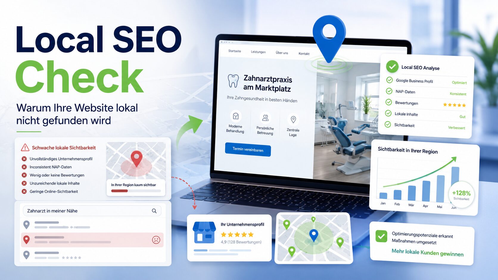 Infografik zum Local-SEO-Check mit Laptop, Zahnarztpraxis-Website, Kartenpins und Analyse-Kacheln