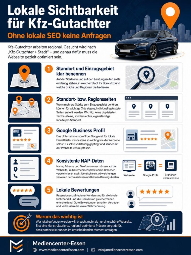 Infografik zu lokaler Sichtbarkeit für Kfz-Gutachter mit SEO-Tipps, Karte, Auto und fünf Punkten