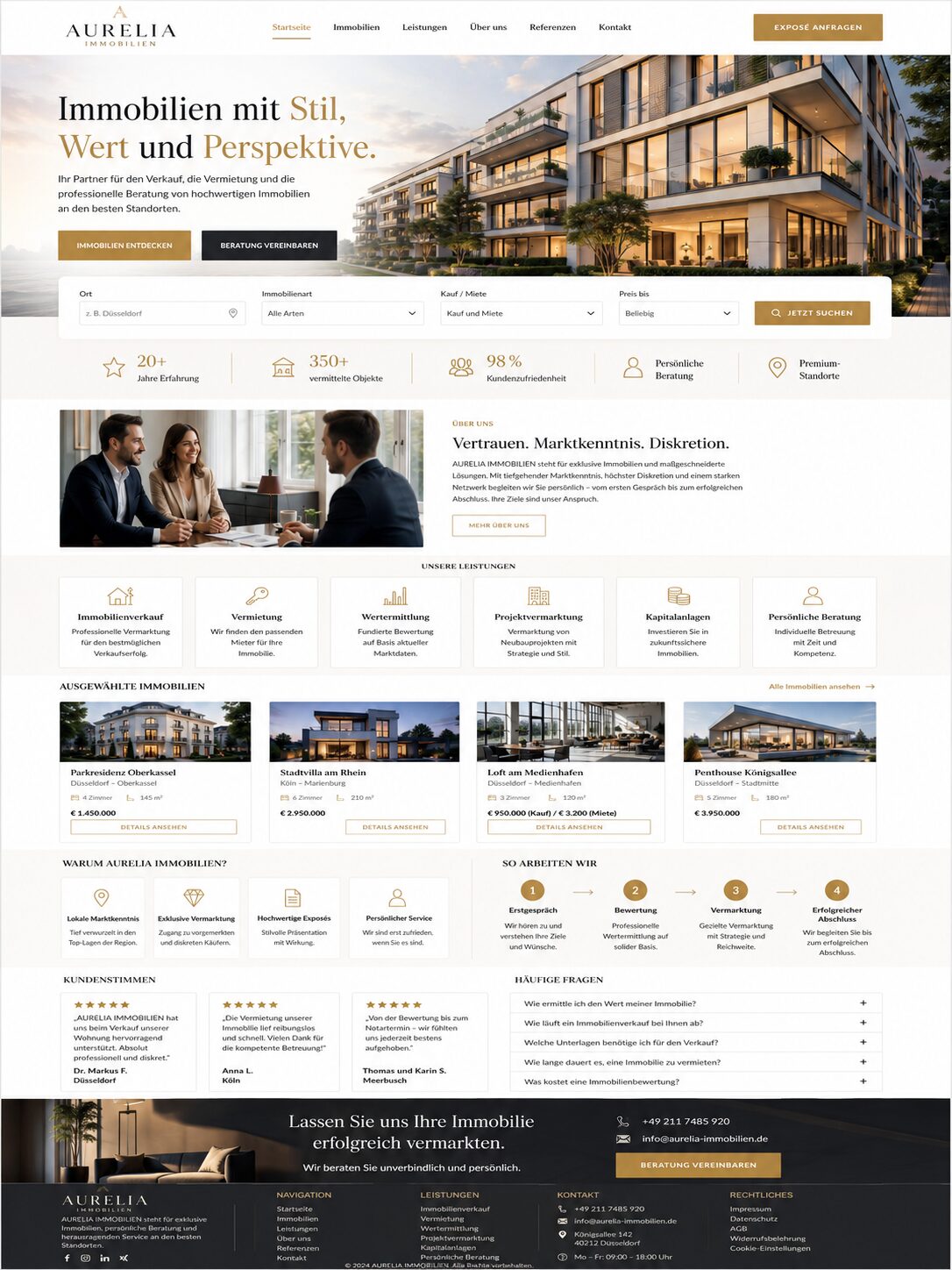 Webdesign-Beispiel: luxuriöses Immobilien-Webdesign mit eleganter Typografie und Objektgalerie