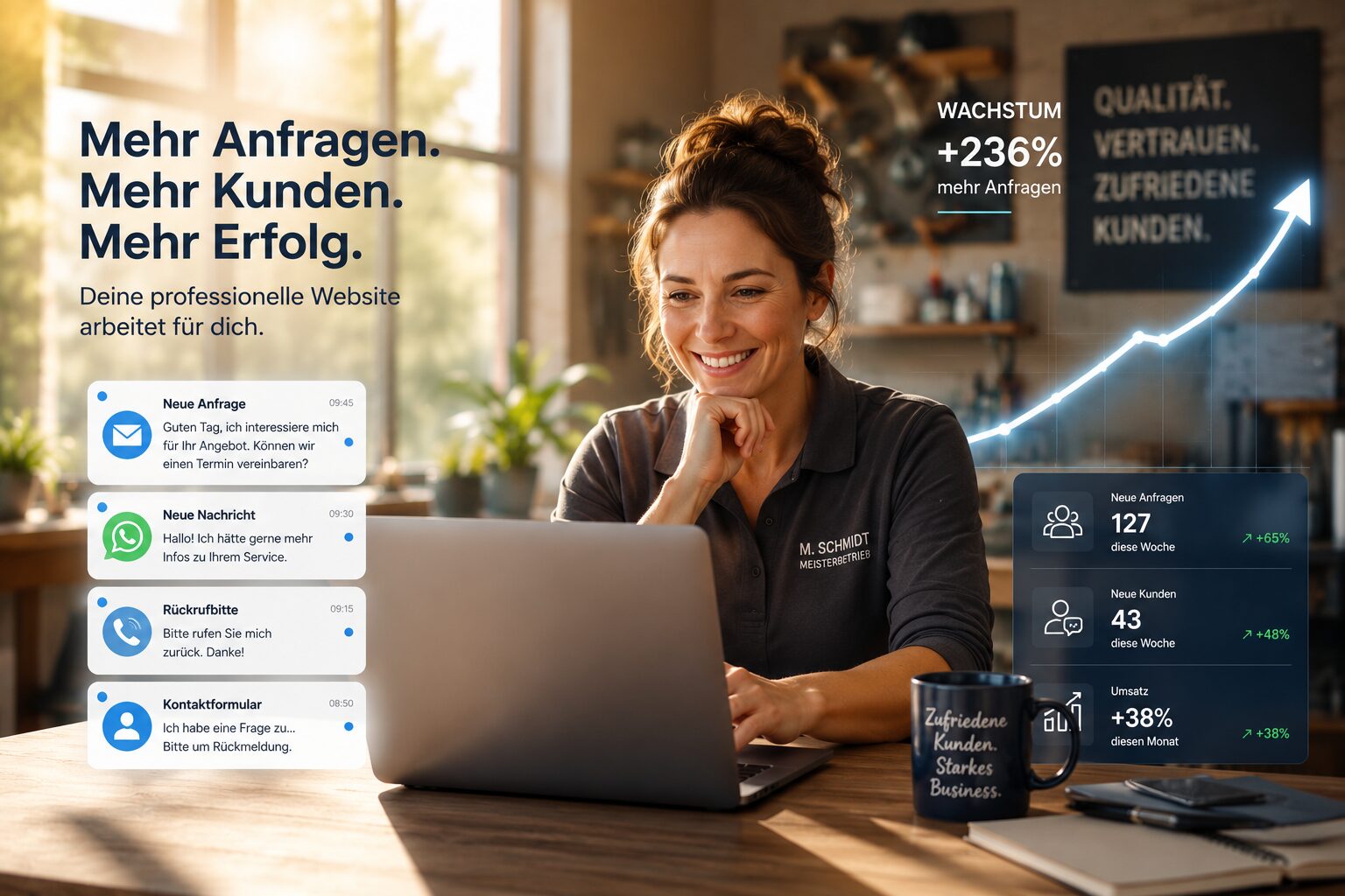 Unternehmerin am Laptop mit Wachstums- und Anfrage-Dashboard für eine Website
