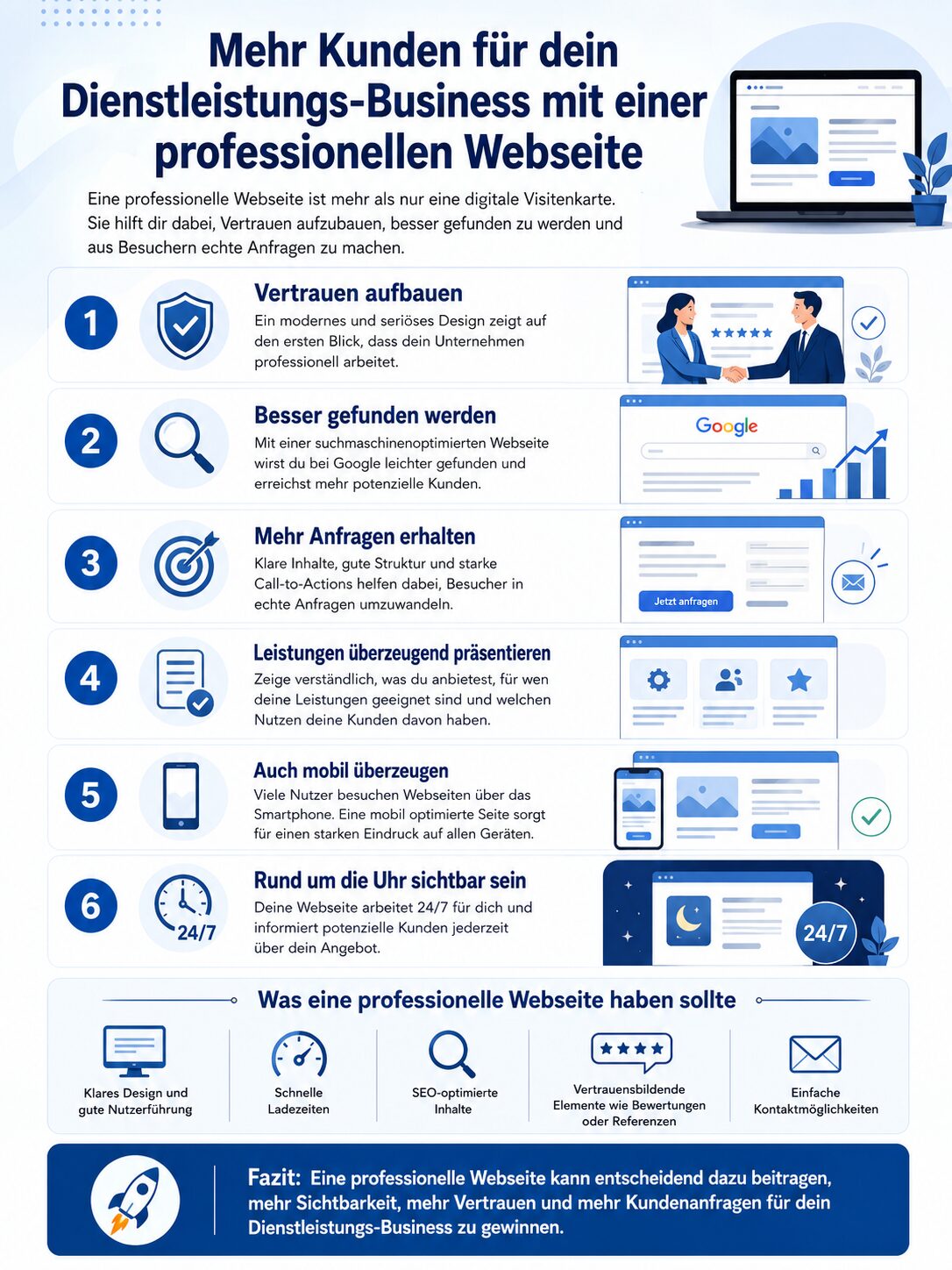 Infografik über Vorteile einer professionellen Website für Dienstleistungsunternehmen mit sechs Punkten und Fazit