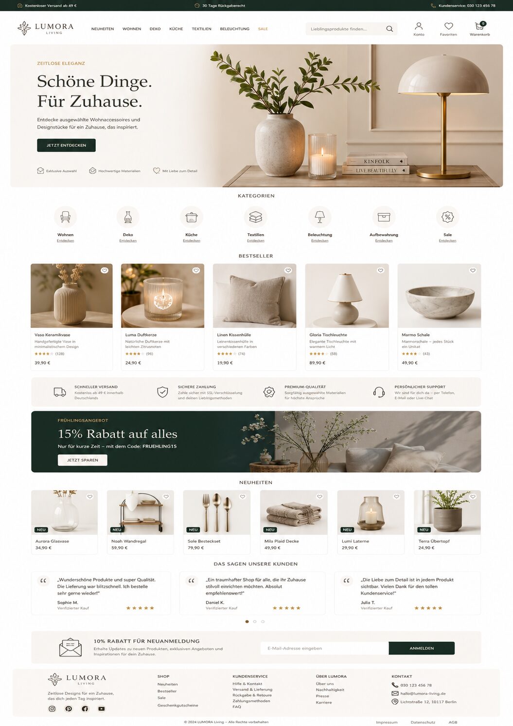 Fiktives minimalistisches Onlineshop-Design für Wohnaccessoires