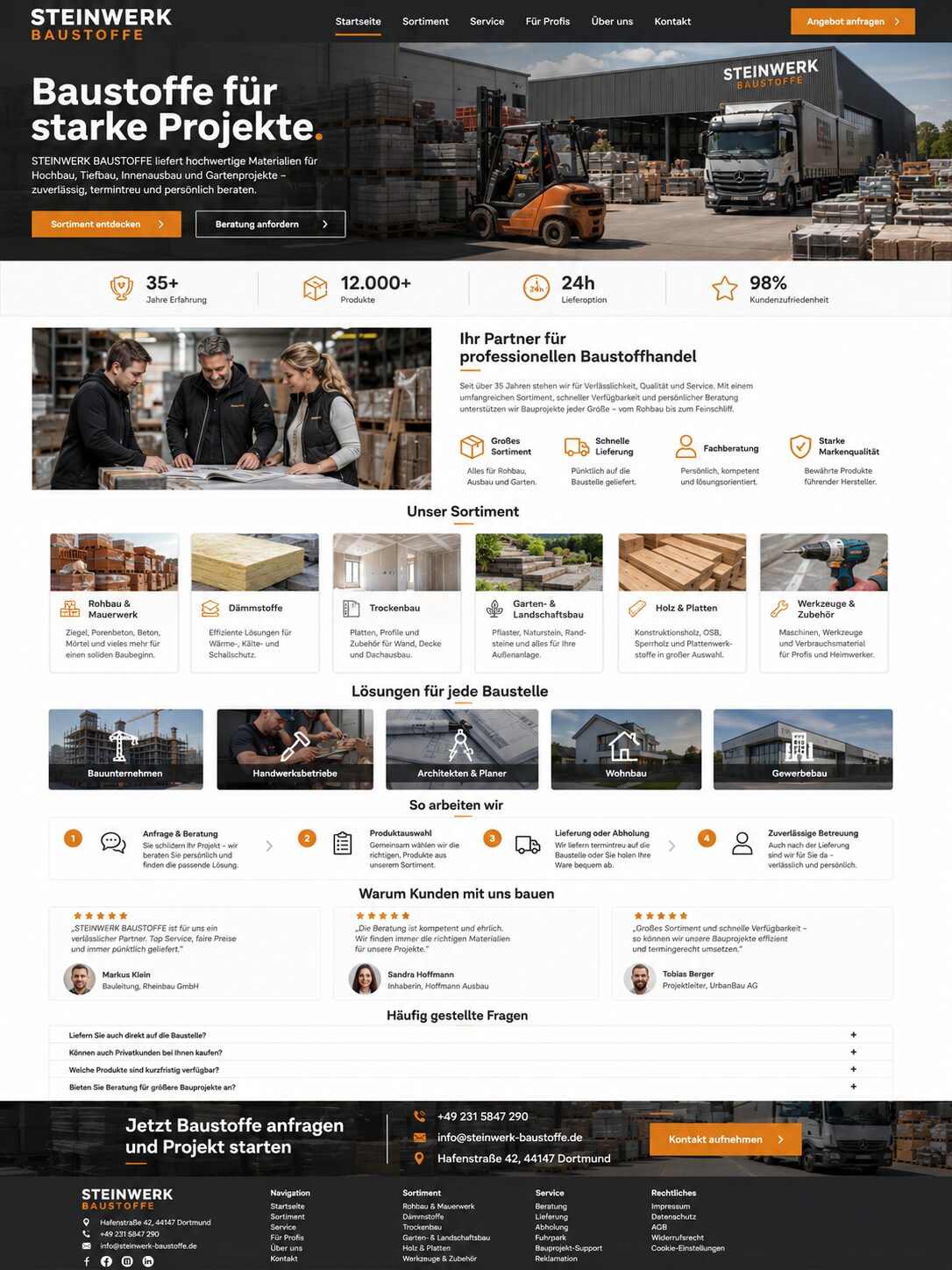 Webdesign-Beispiel: Baustoffhandel-Website mit großflächigem Hero und Sortimentskategorien