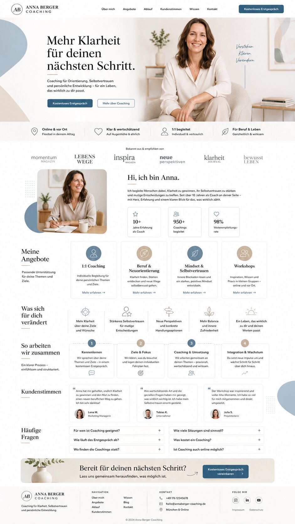 Moderne Coaching-Website in sanften Farben