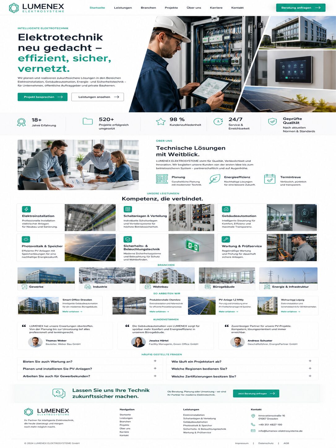 Webdesign-Beispiel: moderne Elektrotechnik-Website mit hellem Layout und klarer Leistungsstruktur