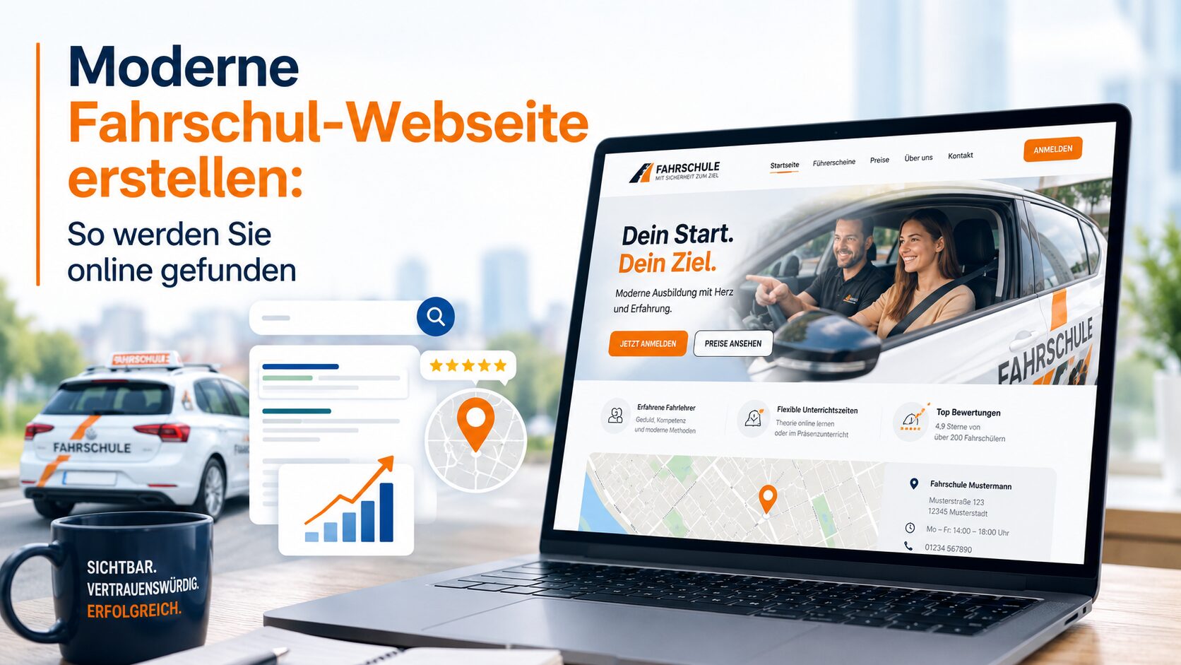 Werbegrafik für eine moderne Fahrschul-Webseite mit Laptop, Fahrlehrerauto, Suchsymbol und Texten zur Online-Sichtbarkeit
