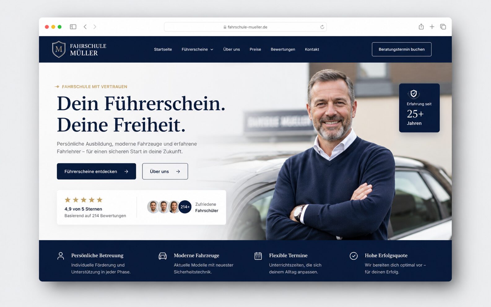 Klassisches, vertrauensstarkes Webdesign-Beispiel für Fahrschulen