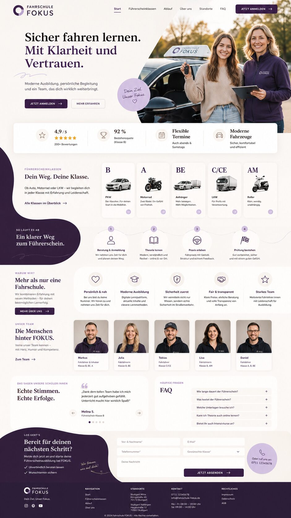 Moderne Fahrschul-Landingpage im OnePager-Stil – Designbeispiel