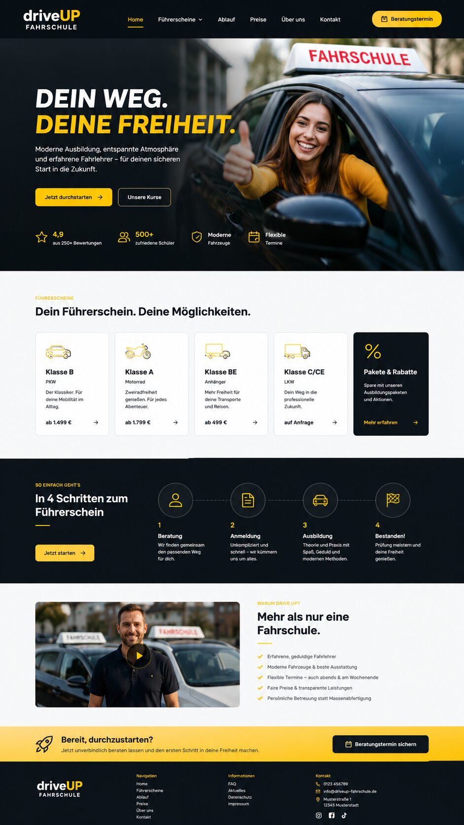 Modernes Fahrschul-Webdesign mit gelben Akzenten