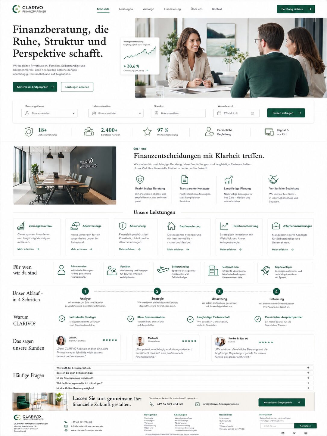 Webdesign-Beispiel: moderne Finanzberatung-Website mit klarem, vertrauensvollem Layout