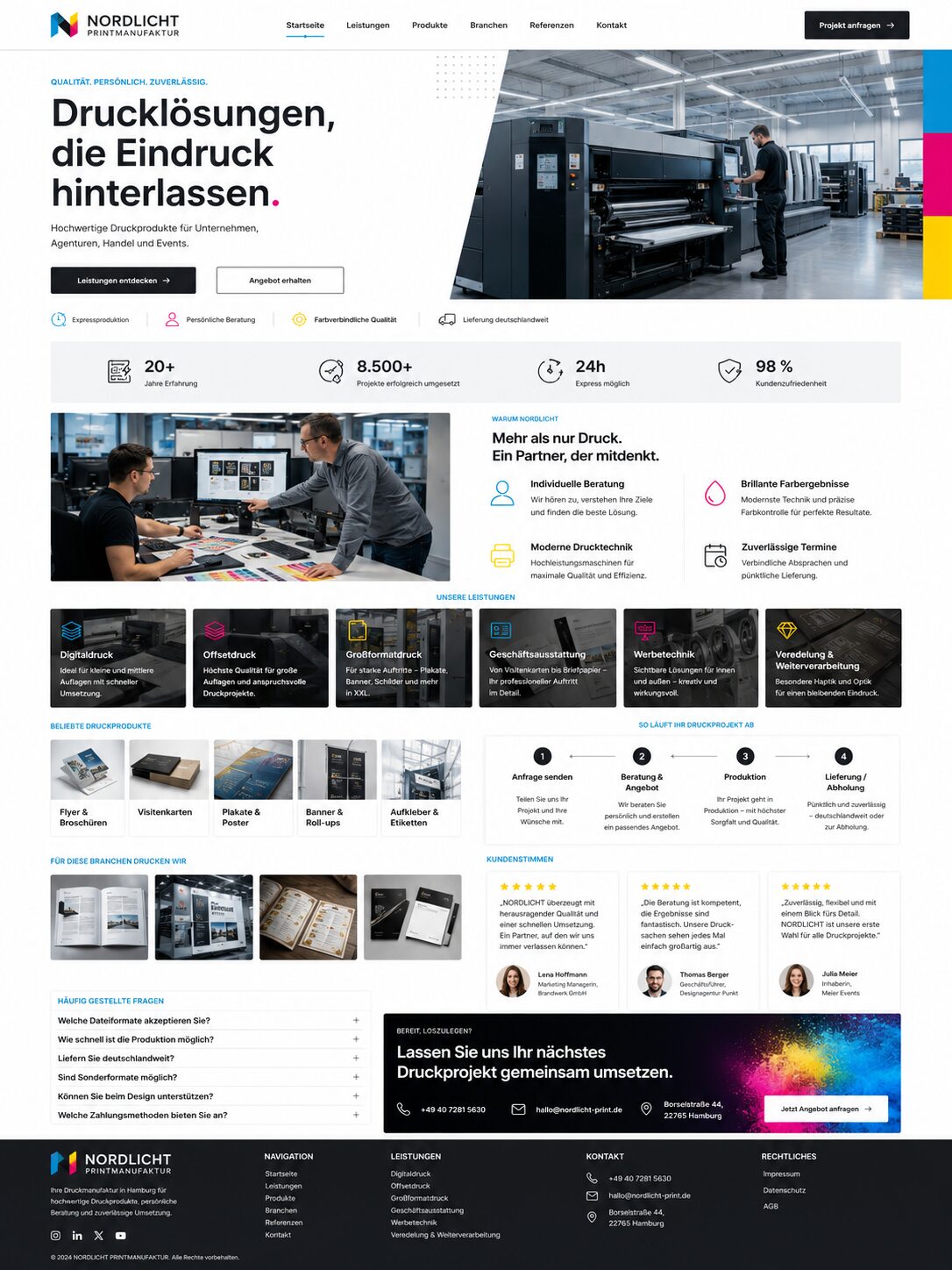 Webdesign-Beispiel: moderne Homepage für ein Druckunternehmen mit klarer Produktnavigation