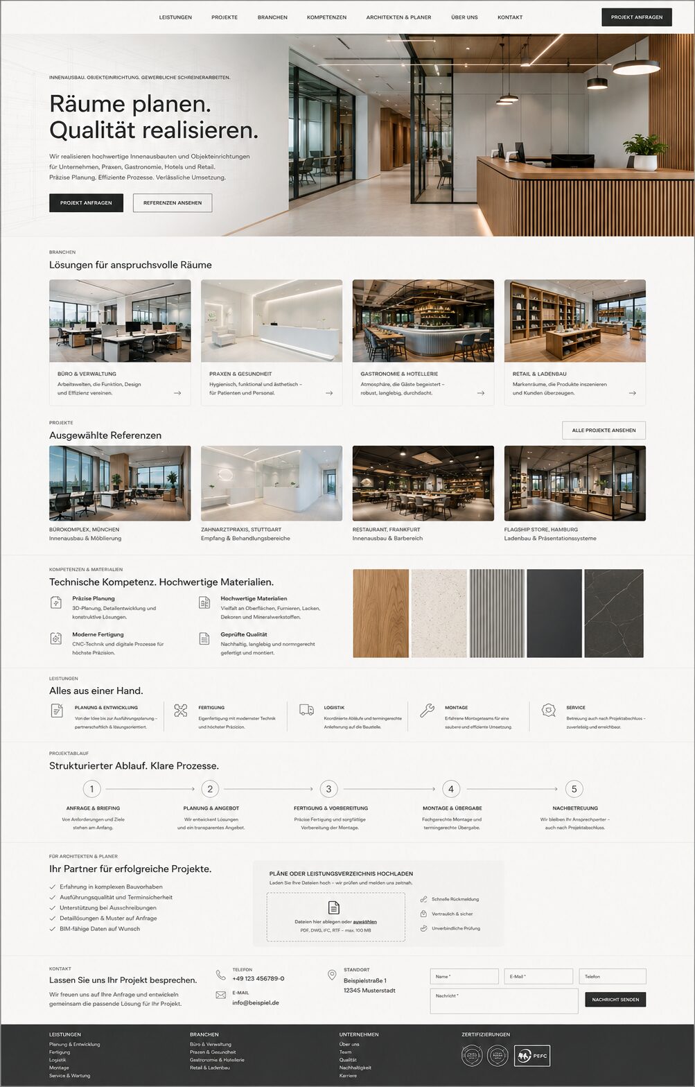 Modernes B2B-Webdesign eines Innenausbau- und Objekteinrichtungsbetriebs