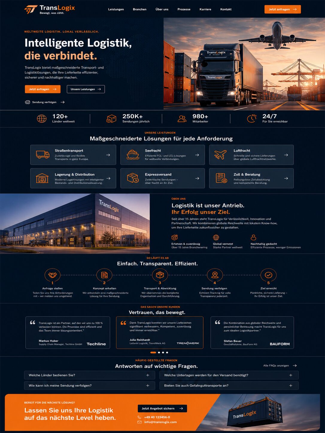 Webdesign-Beispiel: moderne Logistik-Website mit Leistungsübersicht und kräftiger Akzentfarbe