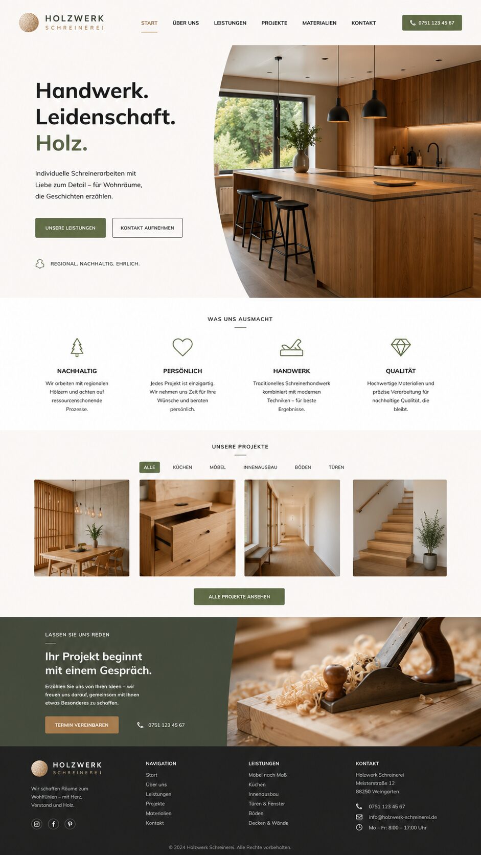 Moderne Schreiner-Website im minimalistischen Stil