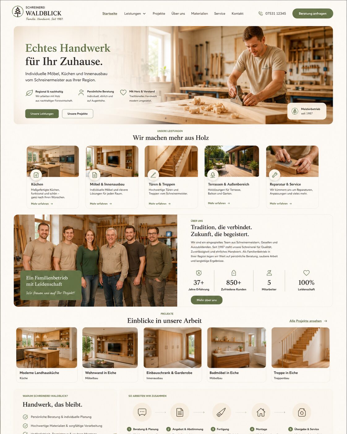 Warmes Webdesign eines regionalen Schreiner-Familienbetriebs