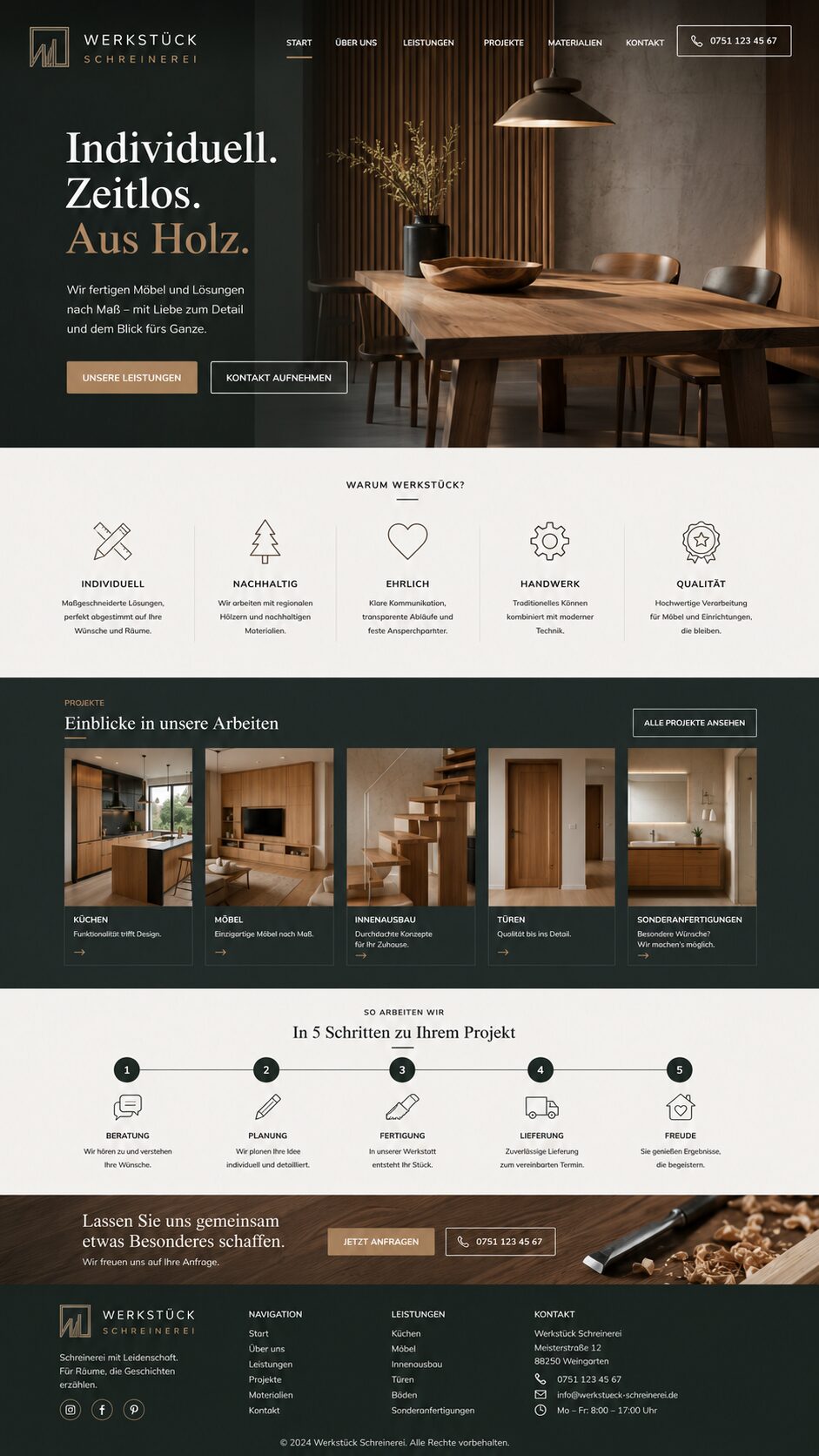 Moderne Schreinerei-Website mit Holzdesign