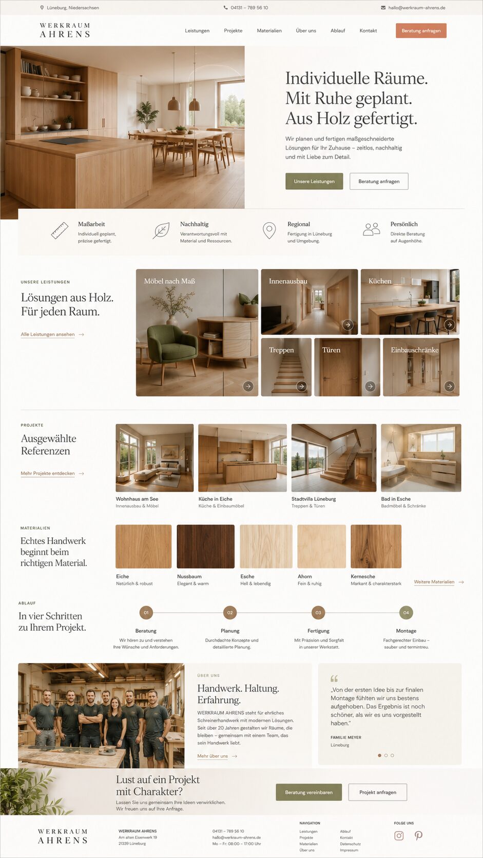 Moderne Schreinerwebsite mit Holzdesign