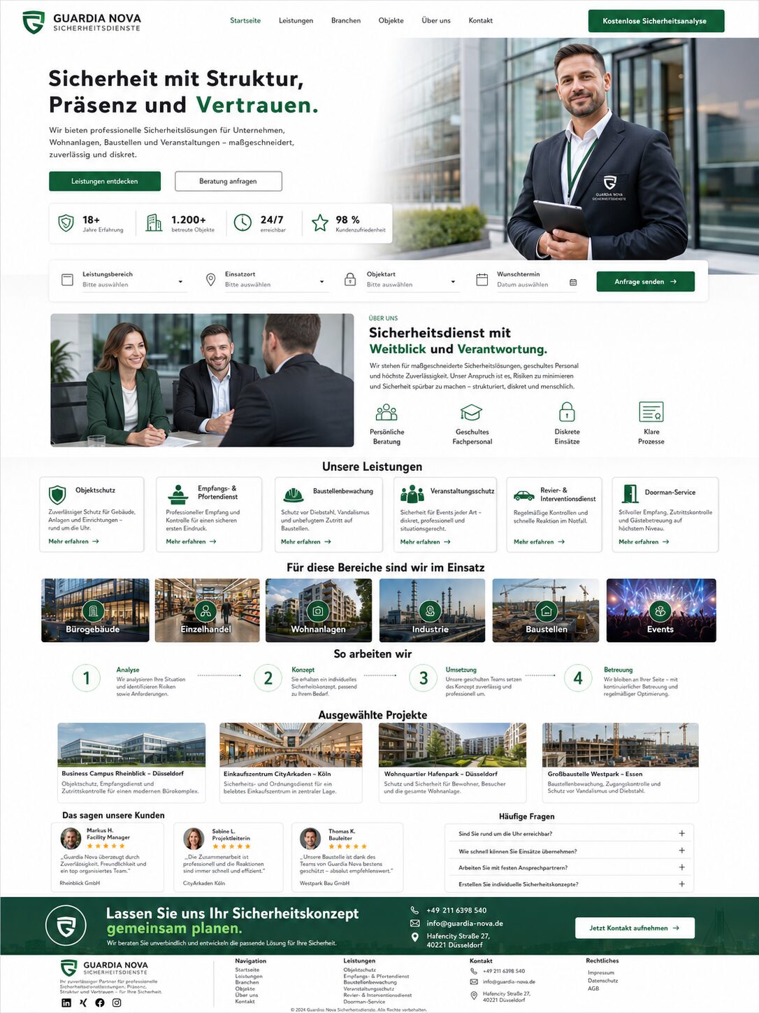 Webdesign-Beispiel: moderne Website für einen Sicherheitsdienst mit dunkelblauem Hero-Bereich