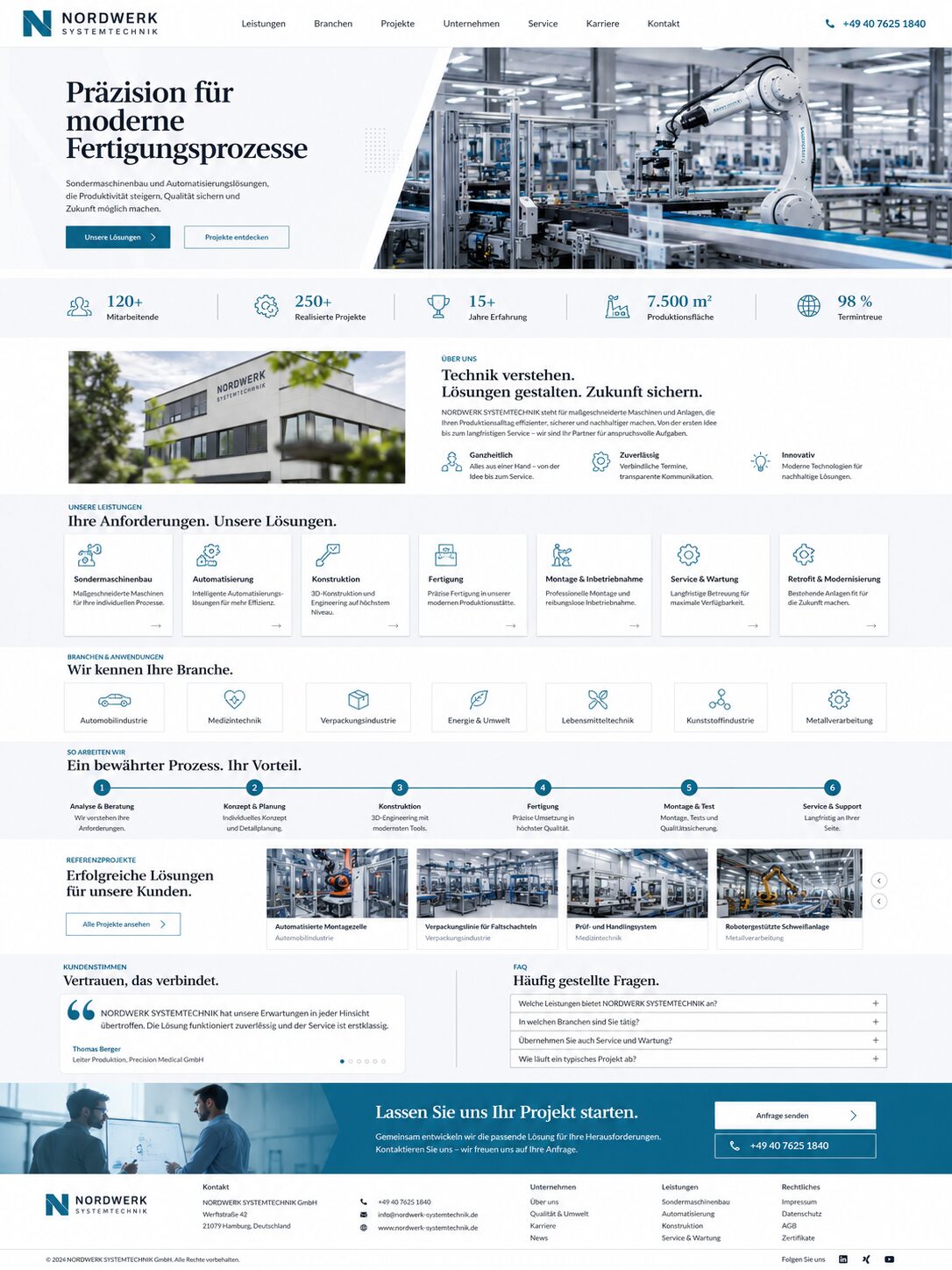 Webdesign-Beispiel: moderne Unternehmenswebsite für Ingenieurdienstleistungen mit technischer Bildsprache