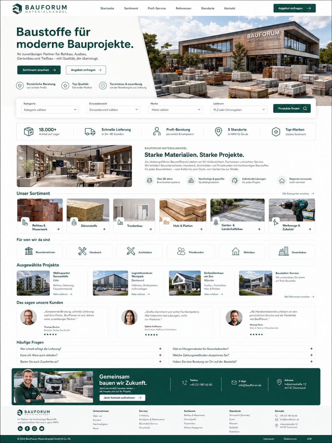 Webdesign-Beispiel: moderne Baustoffhandel-Webseite mit Produktkategorien und Standortinfos