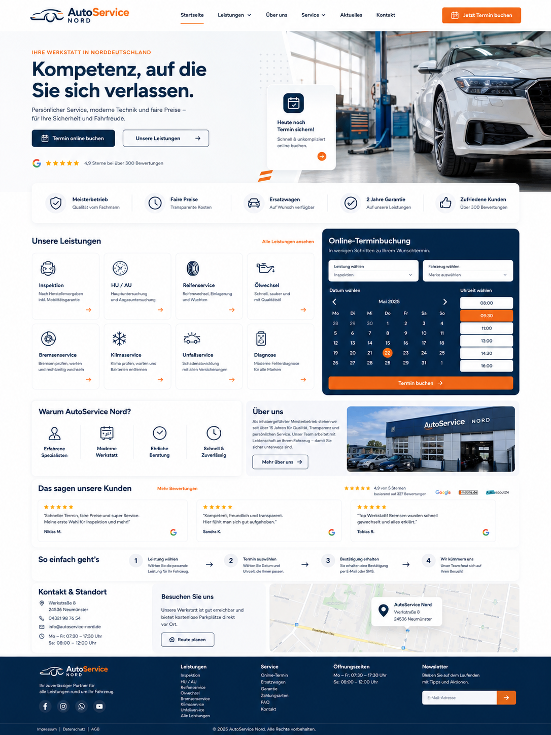 Moderne Werkstatt Website in Blau und Orange
